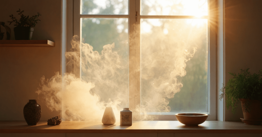 A peaceful home space with glowing sage smoke, crystals, and flowing light symbolizing how to cleanse negative energy and raise vibrational harmony.