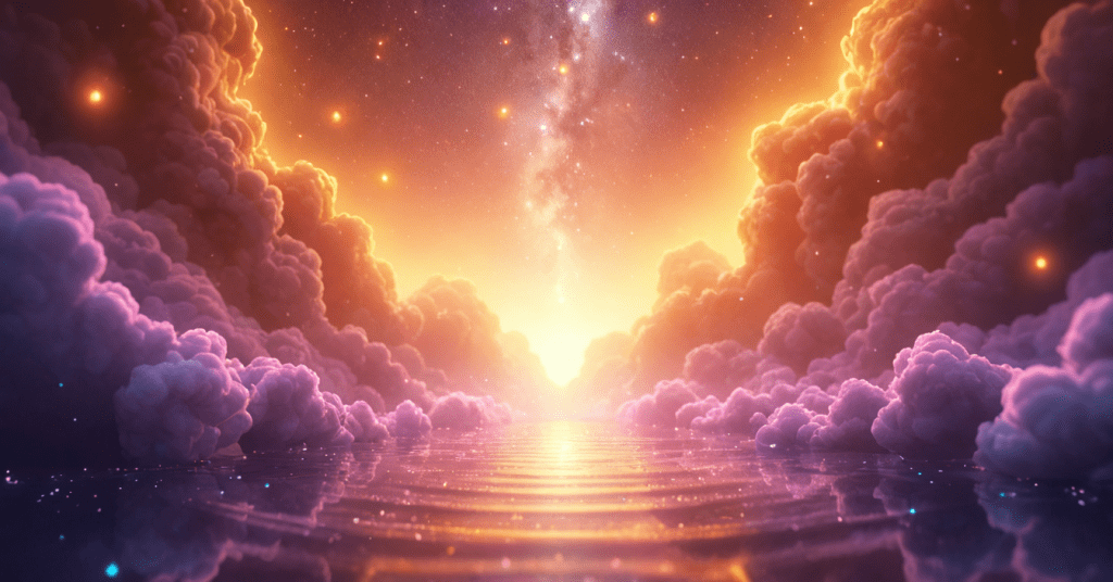 An abstract energy vortex with converging golden and violet streams, visually representing energy alignment, vibrational balance, and manifestation flow.