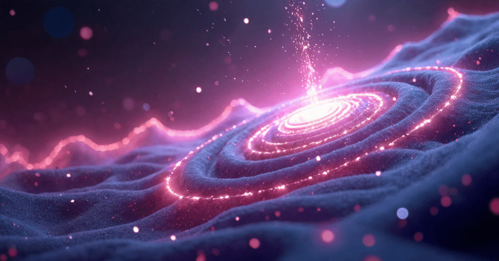 A glowing neural energy core radiating fast violet and white frequency waves, visually representing gamma brainwaves and higher consciousness activation.