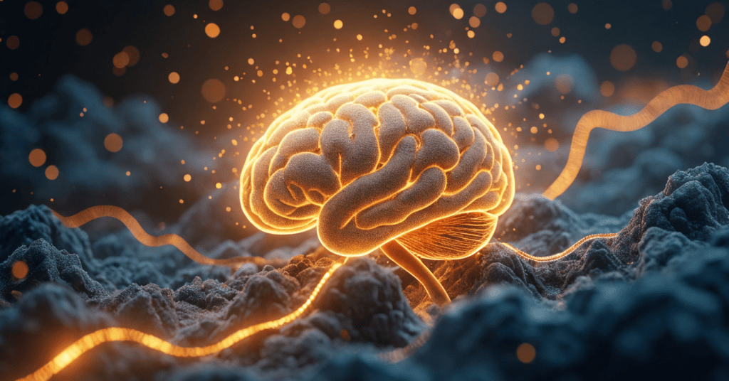 An abstract brain-shaped energy field with golden light streams and neural waves, visually representing how to reprogram the subconscious mind for wealth and success.