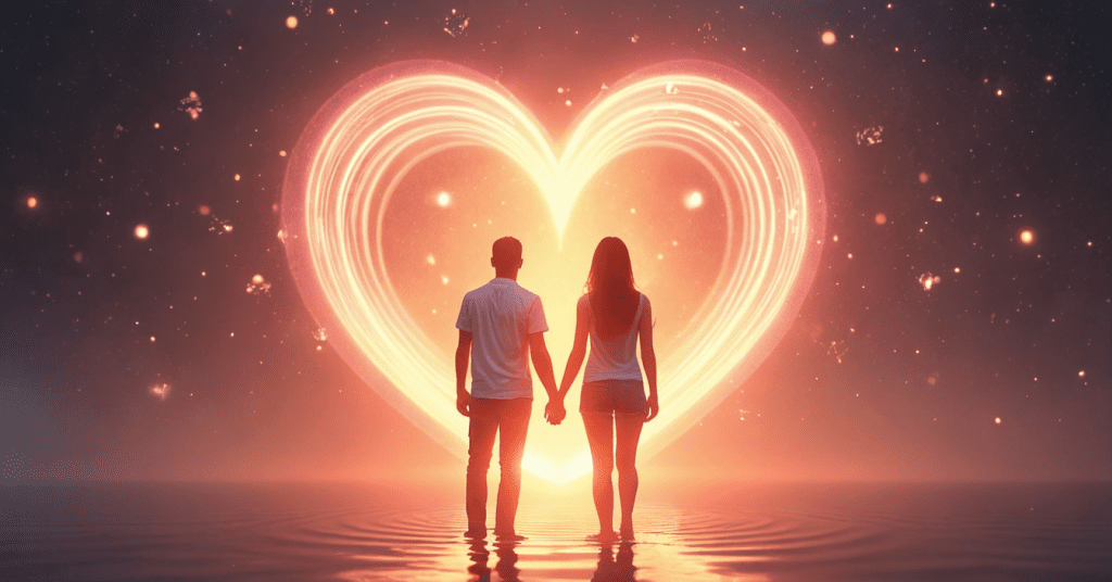 Two radiant energy fields merging within a glowing heart-shaped aura, symbolizing soulmate manifestation and vibrational alignment for attracting true love.