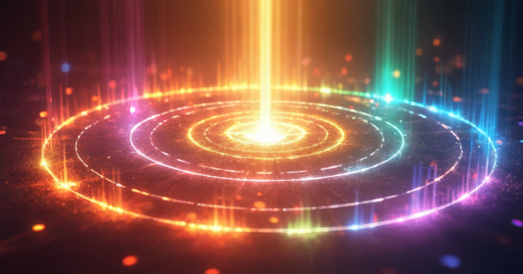 A radiant abstract blend of sound waves and chakra-colored energy ripples, visually representing sound and color healing for deep balance and vibrational alignment.
