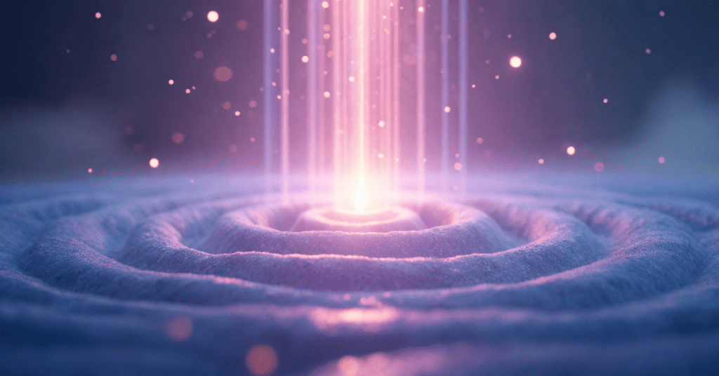 Soft violet and blue energy waves radiating from a glowing center, symbolizing theta waves healing for deep relaxation and spiritual growth.