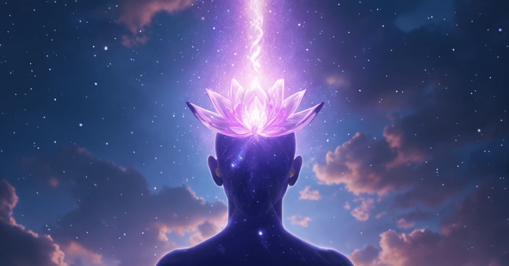 A glowing violet energy spiral rising from a back-facing silhouette’s crown, visually symbolizing how to activate crown chakra and connect with divine wisdom.