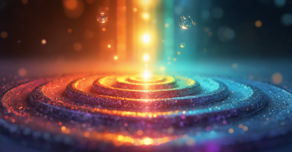 A vertical flow of seven glowing energy centers in rainbow chakra colors, symbolizing color healing chakras and inner energetic harmony.