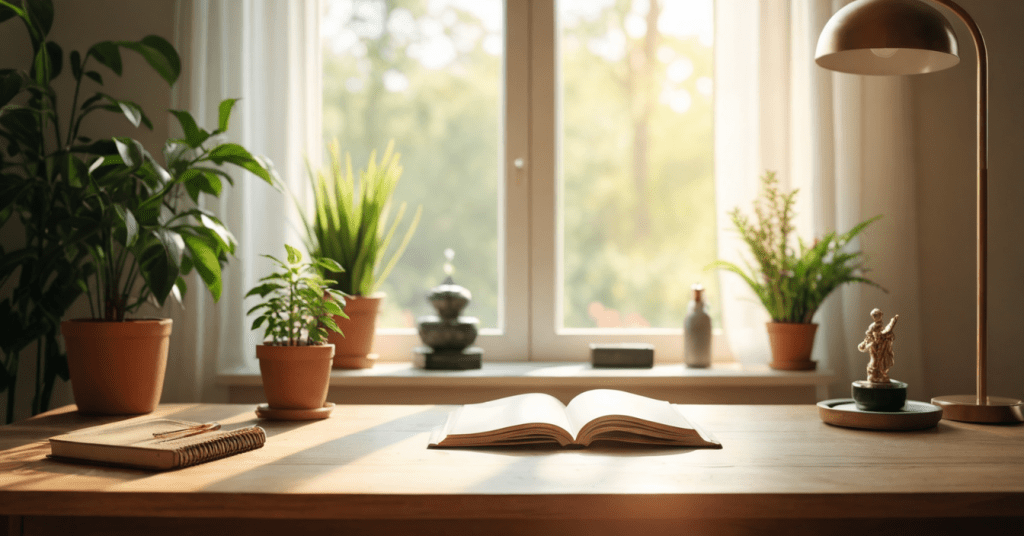A bright, harmonious workspace with plants, crystals, and balanced layout, visually representing an ideal Feng Shui desk setup for energy and focus.