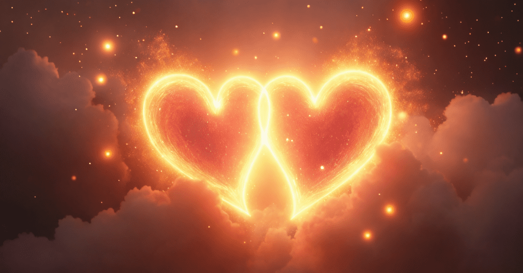 Two glowing heart-shaped energy fields merging in golden light, representing manifesting love soulmate connection through vibrational alignment.