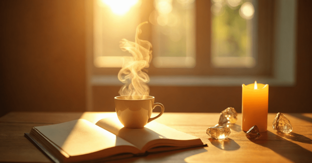 A sunlit morning ritual setup with a journal, tea, candle, and crystals arranged to support morning energy rituals and daily abundance manifestation.