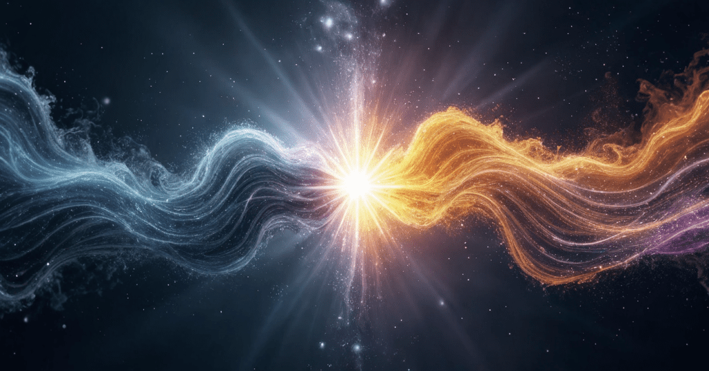 A split-view energy field showing chaotic waves on one side and harmonious flow on the other, symbolizing out of alignment signs and the return to energetic balance.