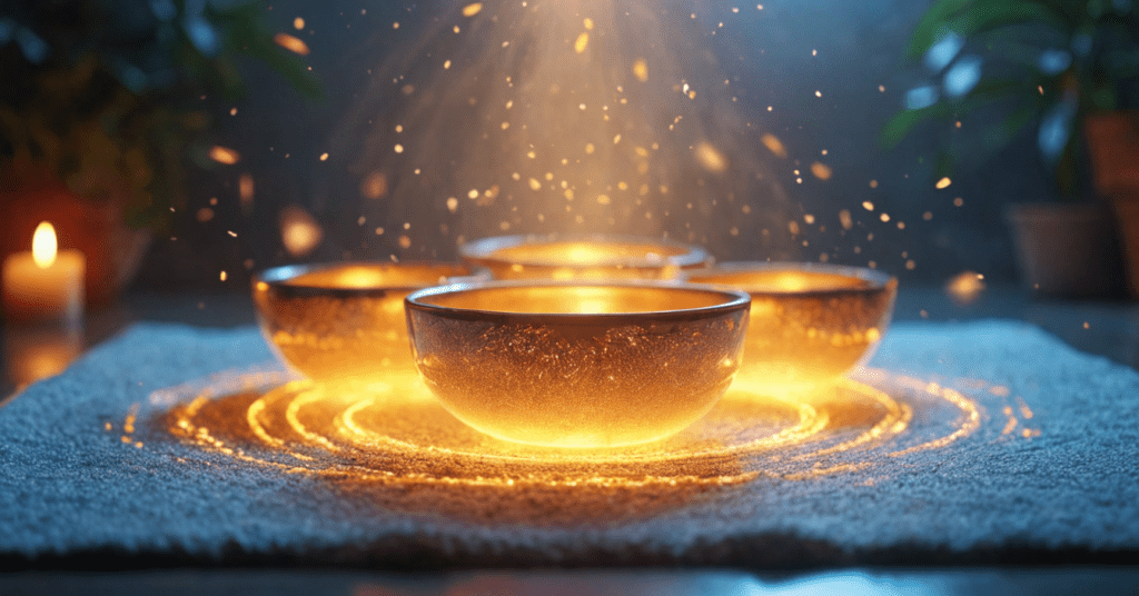 A peaceful circle of glowing singing bowls with radiant sound waves, symbolizing sound bath healing benefits for soothing, restoring, and emotional balance.