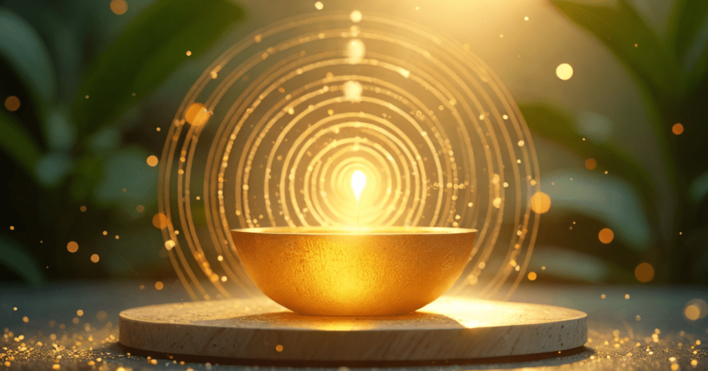 Golden energy waves radiating from a glowing sound bowl, symbolizing sound frequencies to manifest wealth and align with abundance.